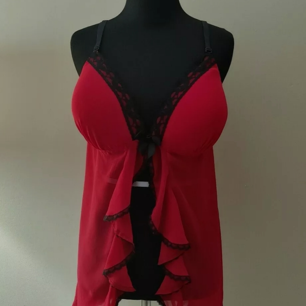 APT 9 Intimates Red w Black Lace Negligee Teddy Nighty Thong Panties Set XXL $42